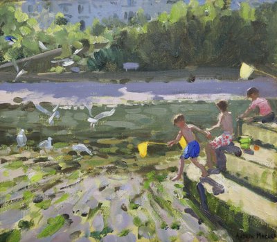 Kinder und Möwen, Looe, 2013 von Andrew Macara